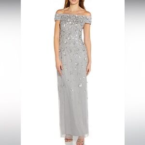 Adrianna Papell Women’s Petite Off-The-Shoulder Sequinned Sheath Dress Grey 16P